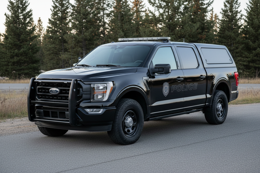 black police spec 2022 ford f150 with a black shell, front 3.4 view parked on the side of a road