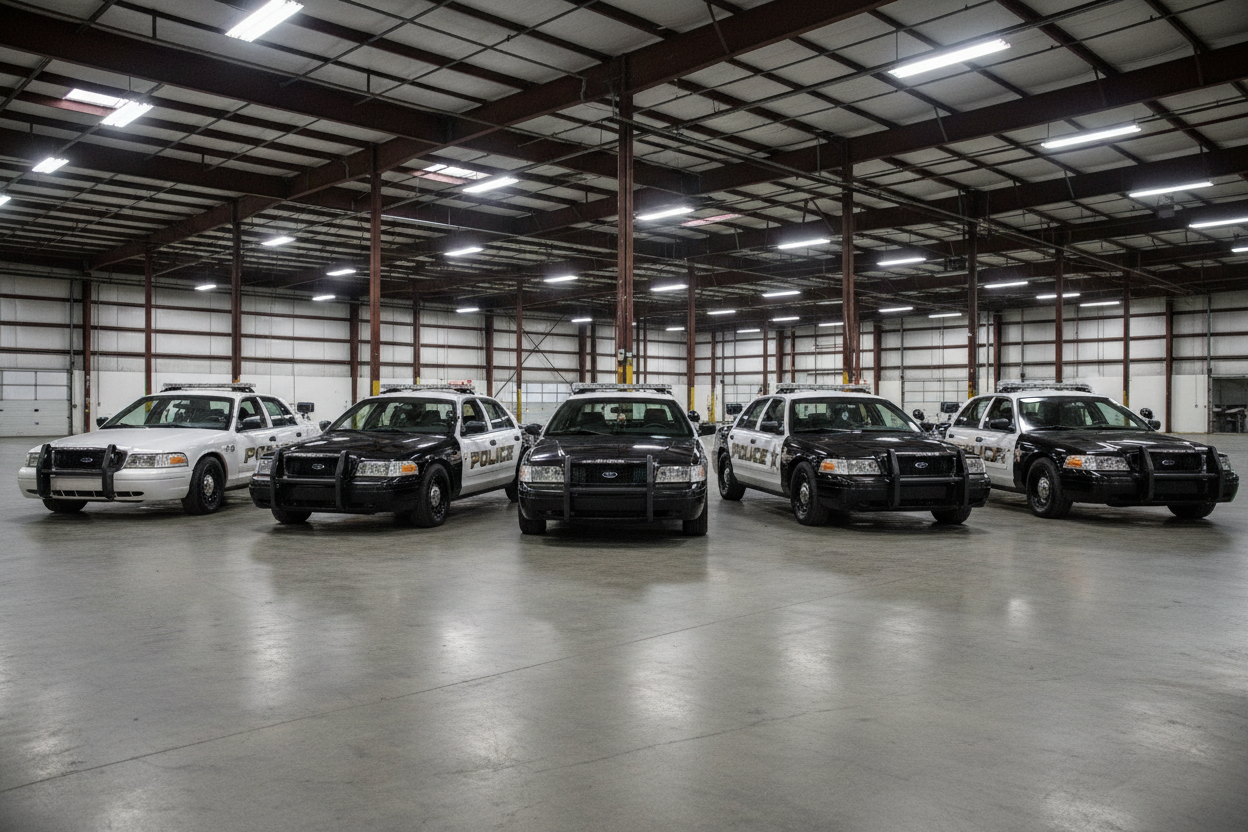 Fleet of 5 police spec ford crown victorias including all white, all black, and black and white, with a pillar spotlights and bush bumpers. parked in a warehouse