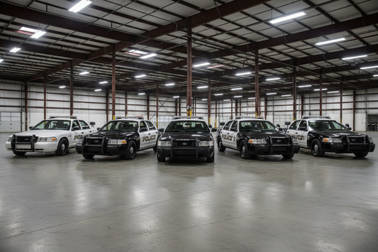 Fleet of 5 police spec ford crown victorias including all white, all black, and black and white, with a pillar spotlights and bush bumpers. parked in a warehouse