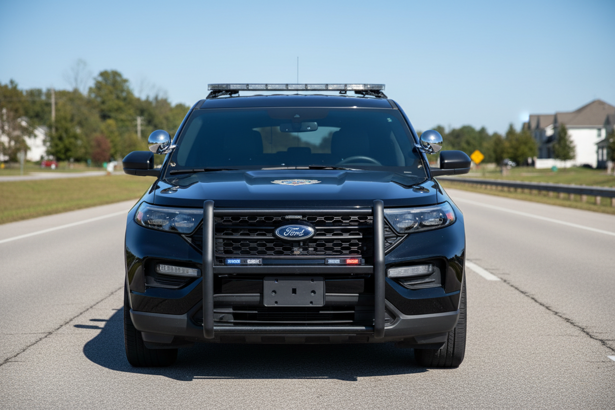 ford explorer police car, parked on the side of the road. all black with push bumper and a pillar spotlights