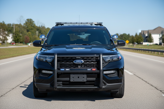 ford explorer police car, parked on the side of the road. all black with push bumper and a pillar spotlights